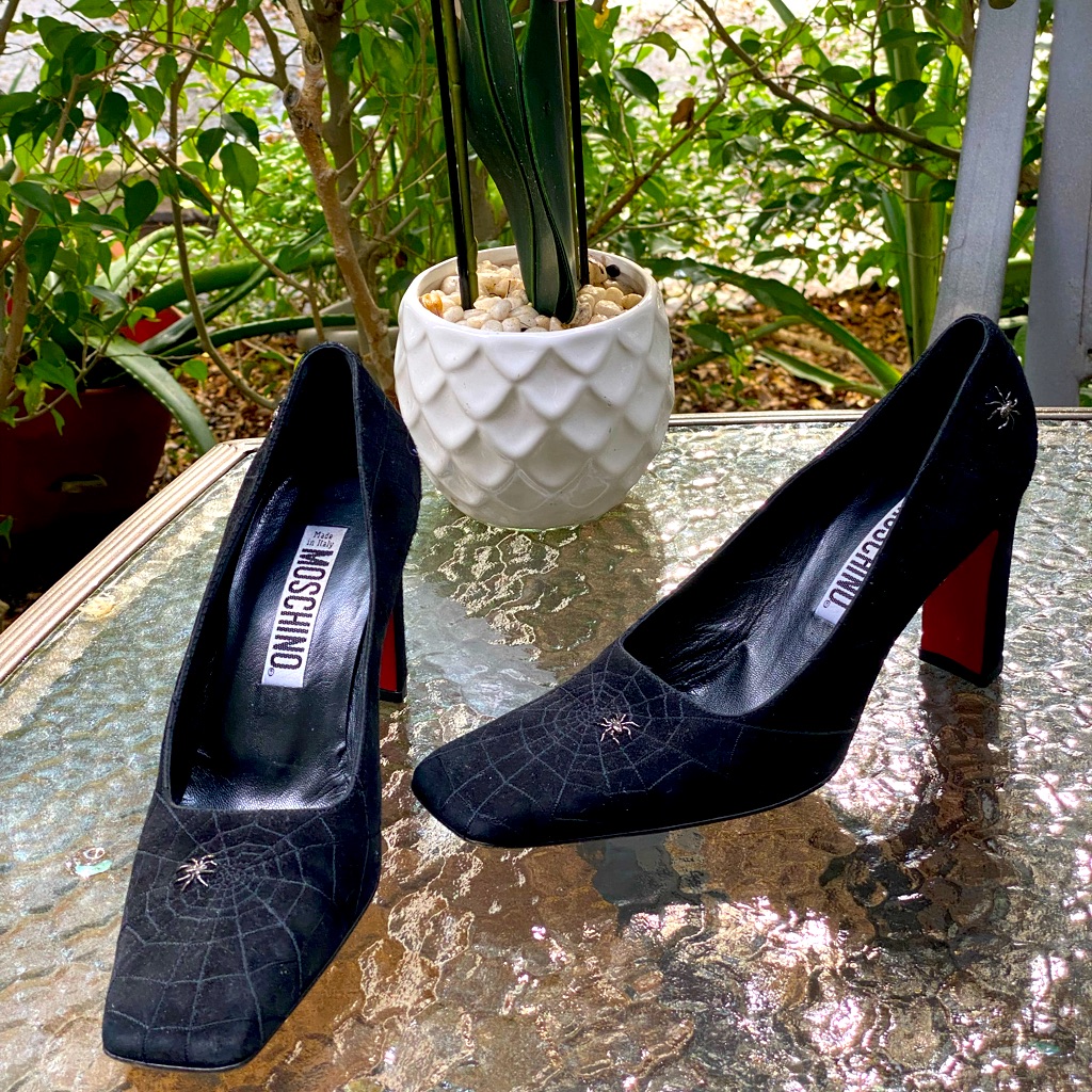 Moschino Black Suede Spider & Spiderweb Heels